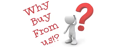 Figur stellt Frage: 'Why Buy From us!?' zur Überzeugung von Käufern.