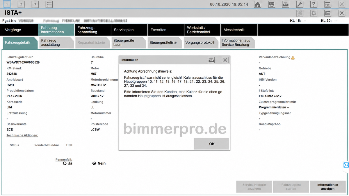 ISTA Abrechnungshinweis BMW: Bildschirmansicht mit wichtigen Informationen und Warnhinweisen zur Abrechnung.