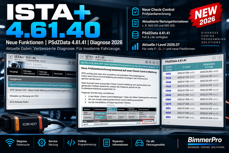 BMW ISTA+ 4.61.40 mit PSdZData 4.61.41 – neue Check-Control-Prüfplanberechnung, Wartungsinformationen und I-Level 2026 Bimerpro