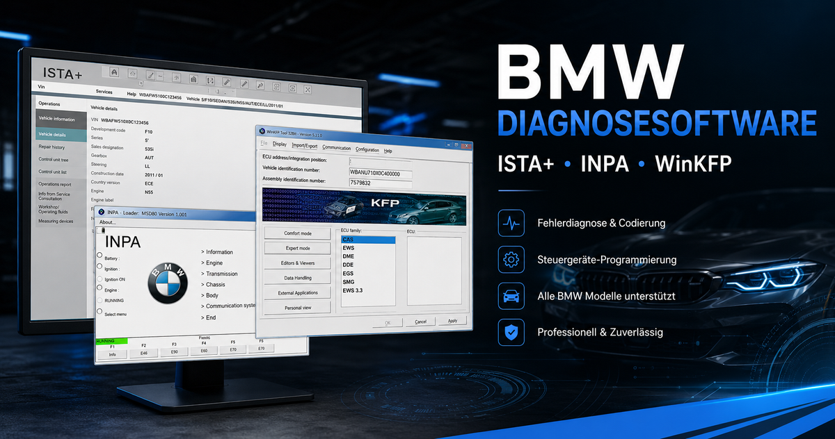BMW Diagnosesoftware ISTA INPA WinKFP – Software zur Fahrzeugdiagnose und Programmierung auf Screens.