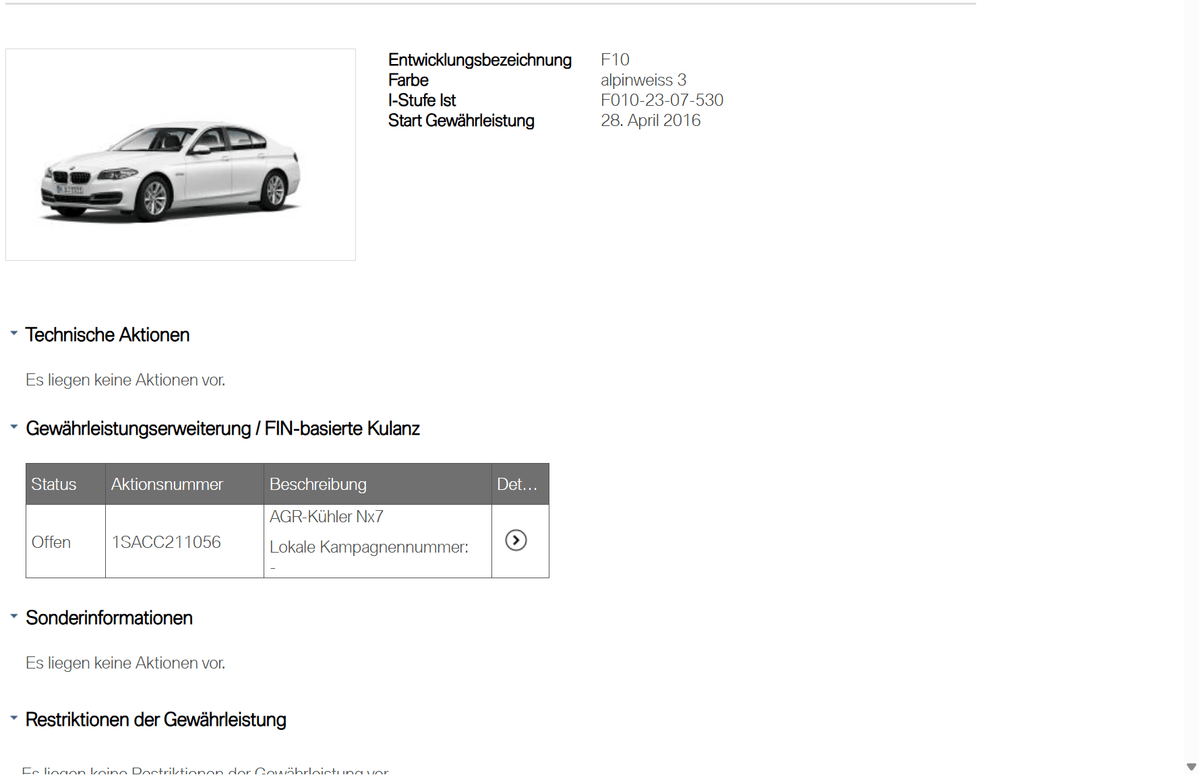 BMW Servicehistorie VIN prüfen – Technische Informationen und Aktionsdetails für BMW F10 Modell