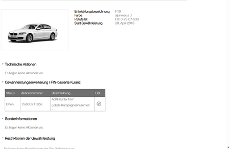 BMW Servicehistorie VIN prüfen – Technische Informationen und Aktionsdetails für BMW F10 Modell