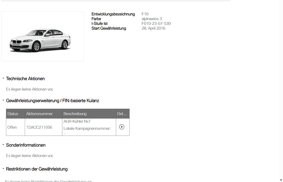 BMW Servicehistorie VIN prüfen – Technische Informationen und Aktionsdetails für BMW F10 Modell