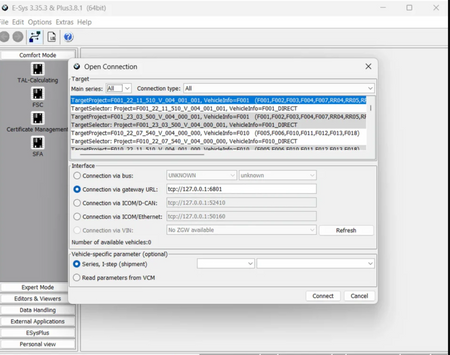 ESYS Plus 3.8.1 – BMW Codierungs- und Programmiersoftware Open Connection Fenster mit Zielauswahl