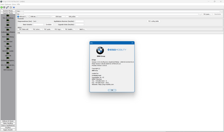 Screenshot der ESYS Plus 3.8.1 – BMW Codierungs- und Programmiersoftware mit Versionsinformationen und Einstellungen.
