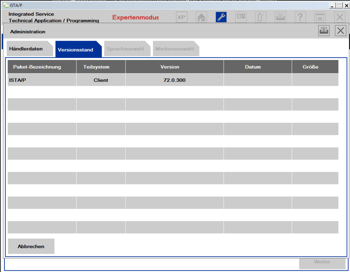 ISTA/P 3.72.0.300 Programmiersoftware E-Serie Versionsstand-Übersicht mit Paket- und Versionsinformationen.