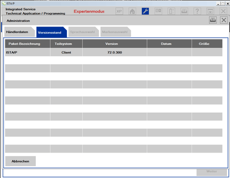ISTA/P 3.72.0.300 Programmiersoftware E-Serie Versionsstand-Übersicht mit Paket- und Versionsinformationen.