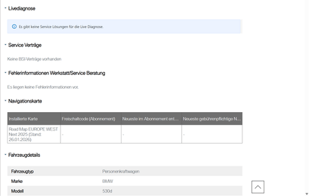 BMW Servicehistorie VIN prüfen - Beschreibung der Fahrzeugdetails und Live-Diagnose-Informationen.