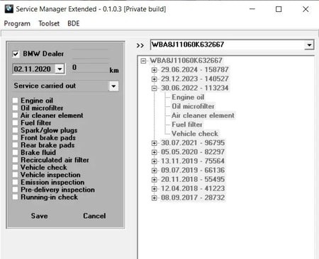 BMW Service History Manager – Bildschirmansicht mit Serviceeinträgen und Wartungsdetails.